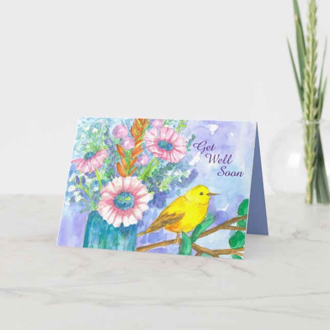 Få snart Gult från Bird Flower Bouquet Kort (Framsida)