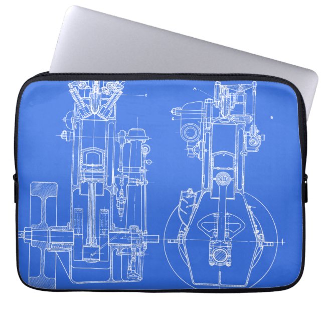 FAB MEECHANICAL TECKNING BLUEPRINT BLUE WHITE LAPTOP SLEEVE (Framsidan)