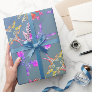 Faberge Ro Hearts on Blek Blue Moss Wrapping Pap Presentpapper