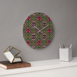 Fabric Art för Rosa och Grönt Abstrakt Stor Klocka