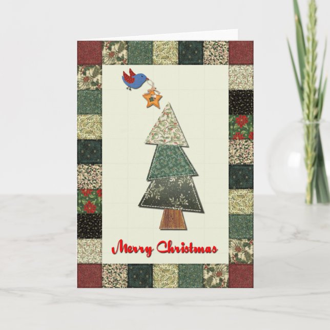 Fabric Christmas Tree and Bird Holiday Card Helgkort (Framsida)