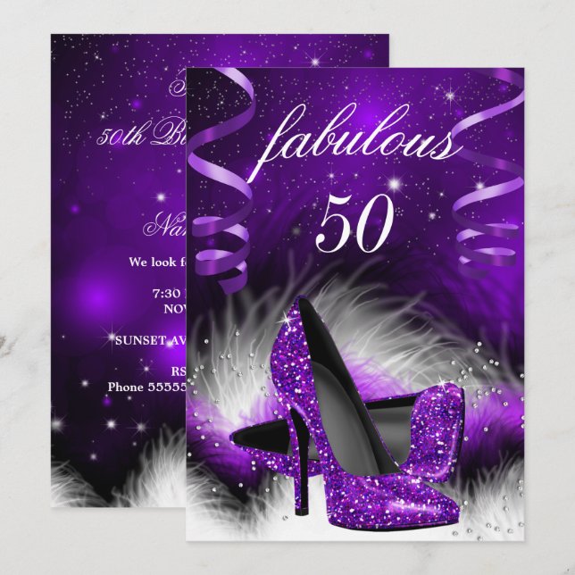 Fabrikat 50 Lila High Heel Födelsedagsfest Inbjudningar (Fram/baksida)