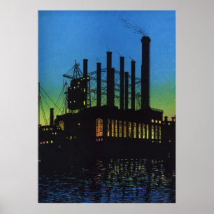 Fabriks- fabrik på solnedgången, vintageaffär poster