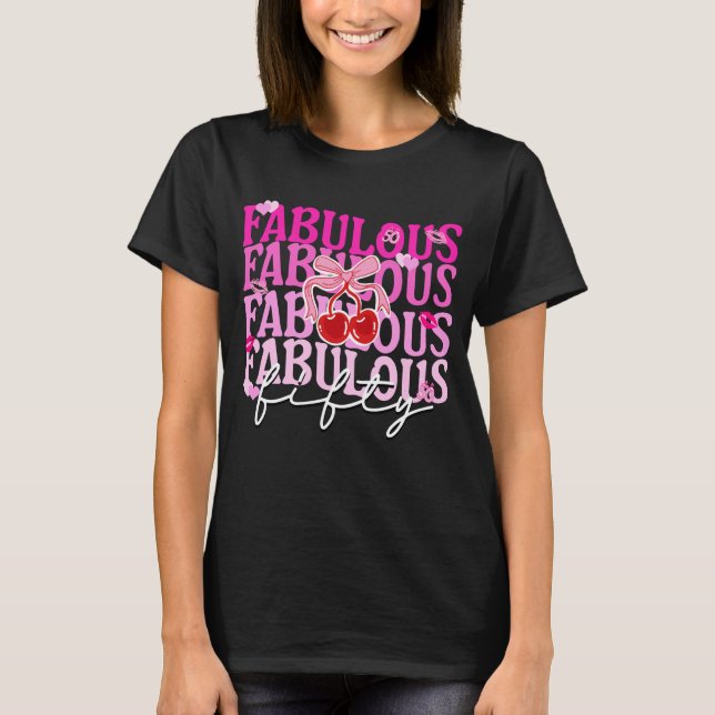 Fabulat 50 Rosa Gradient Cherry Bow Birthday T Shirt (Framsida)