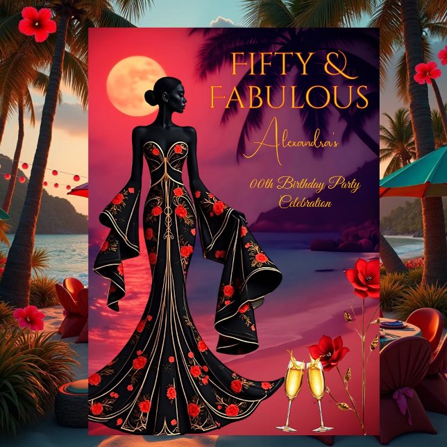 Fabulat Birthday Moonlight Beach Black Red Guld Inbjudningar (Skapare uppladdad)