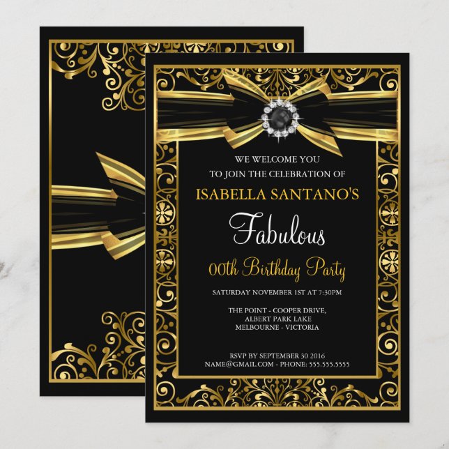 Fabulat Birthday Pearl Guld Snöre Bow Black Inbjud Inbjudningar (Fram/baksida)