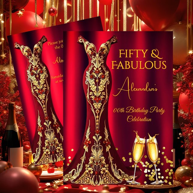 Fabulat Birthday Red Gems Guld Dress Champagne Inbjudningar (Skapare uppladdad)