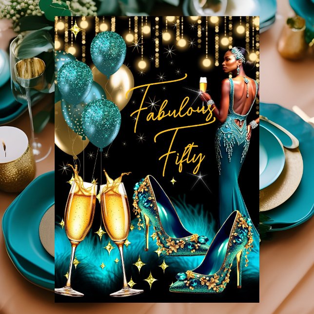 Fabulat Birthday Teal Blue Champagne Dress Ethnic Inbjudningar (Skapare uppladdad)