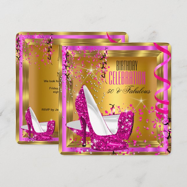Fabulat Glitter Rosa Högklackar Guld födelsedag 2 Inbjudningar (Fram/baksida)