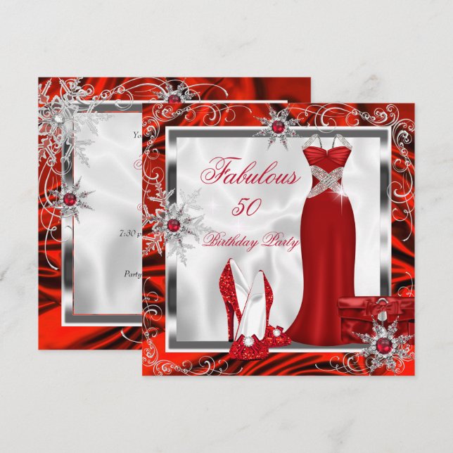 Fabulat Party Red Silver Dress Heels H7 Inbjudningar (Fram/baksida)