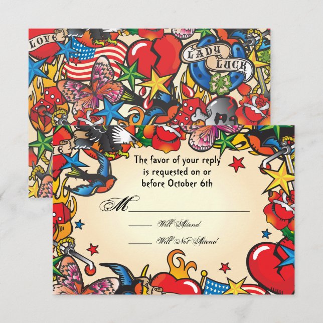 Fabulat Tattoo-svarskort för Bröllop OSA Inbjudningar (Fram/baksida)