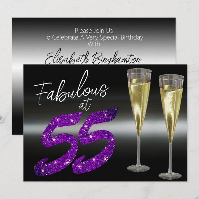 Fabulat vid 55 Lila Glitter Elegant Party Inbjudningar (Fram/baksida)