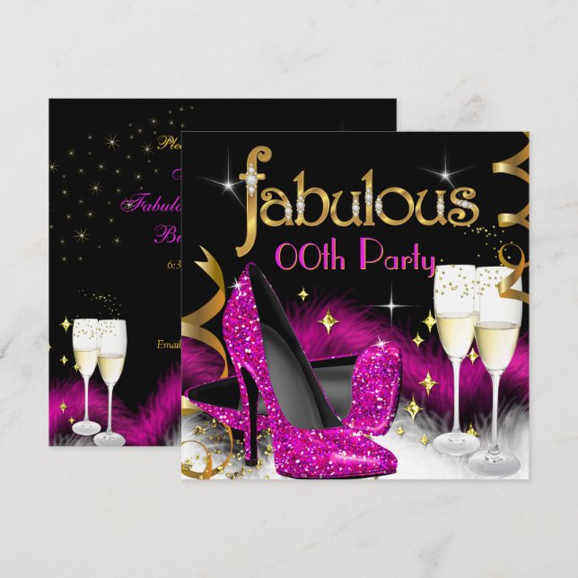 Fabulerad Champagne Party Glitter Rosa High Heel Inbjudningar (Fram/baksida)