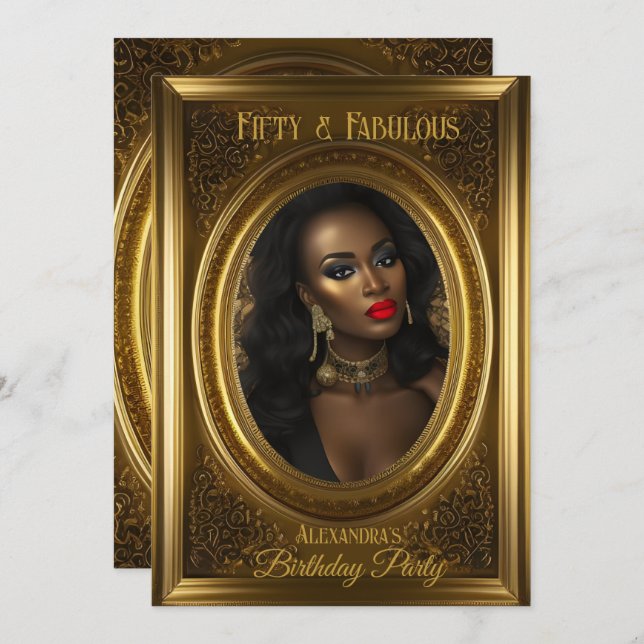 Fabulerad Elegant Photo Födelsedagsfest Old Guld Inbjudningar (Fram/baksida)
