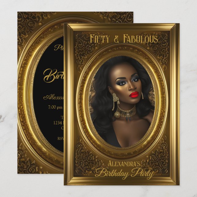 Fabulerad Elegant Photo Födelsedagsfest Old Guld Inbjudningar (Fram/baksida)