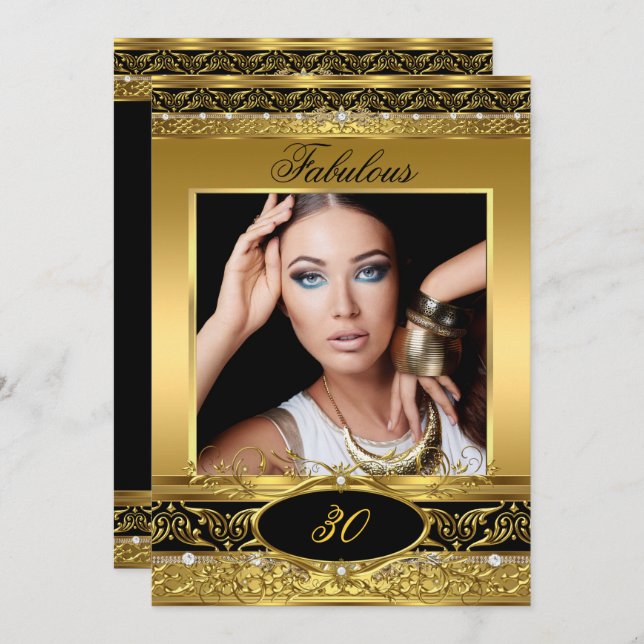 Fabulerad Födelsedagsfest Black Guld Blommigt Phot Inbjudningar (Fram/baksida)