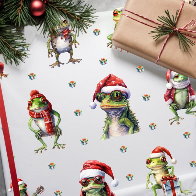 Fabulerad Frog Sten Band-julen Helgdag på vit Presentpapper (Skapare uppladdad)