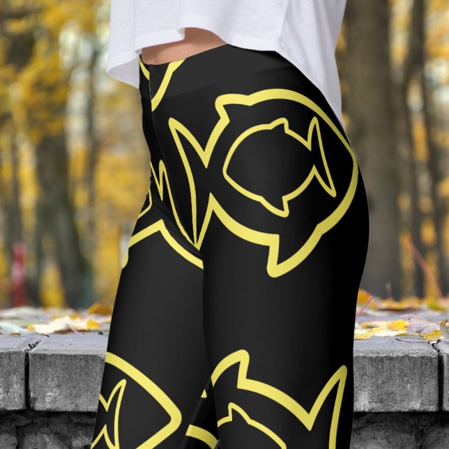 Fabulerad Roligt, svart och Gult Fin Mönster Leggings (Yellow Fin on Black)