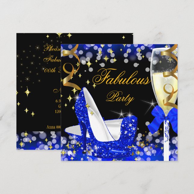 Fabulerat Royal Blue Glitter High Heel Birthday Inbjudningar (Fram/baksida)