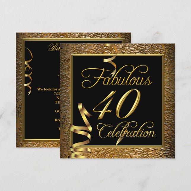 Fabulös 40-årsfirande Guld Svart Födelsedagsfest Inbjudningar (Fram/baksida)