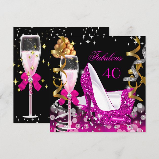 Fabulösa 40 hetrosa guld Bubblor Glitter Party 2 Inbjudningar (Fram/baksida)