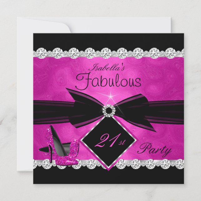 Fabulous 21 Shock rosa Black Silver Födelsedagsfes Inbjudningar (Framsida)