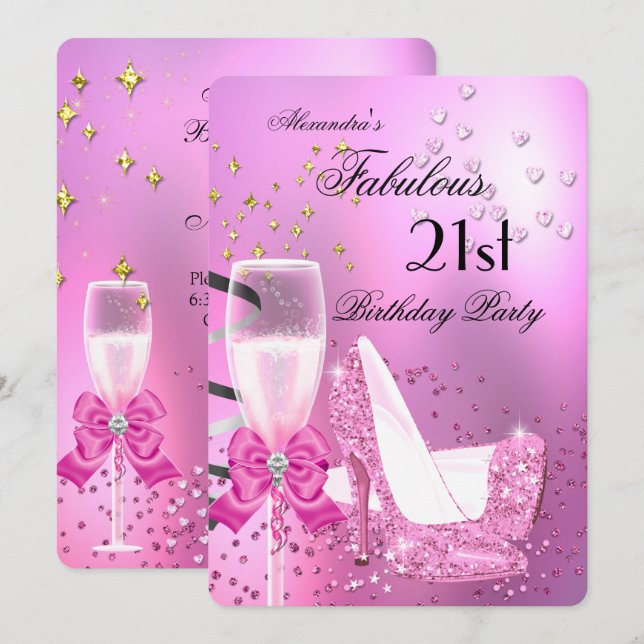 Fabulous 21st Shimmer Ljus rosa Heels Birthday 2 Inbjudningar (Fram/baksida)
