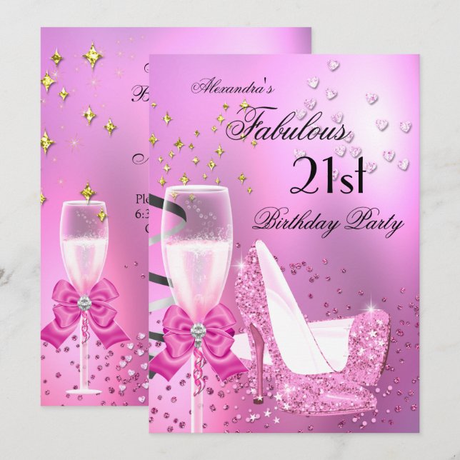 Fabulous 21st Shimmer Ljus rosa Heels Birthday 2 Inbjudningar (Fram/baksida)