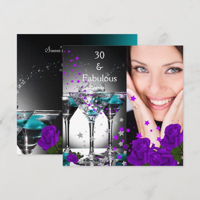 Fabulous 30 Birthday Teal Lila Ro Photo 3 Inbjudningar (Fram/baksida)