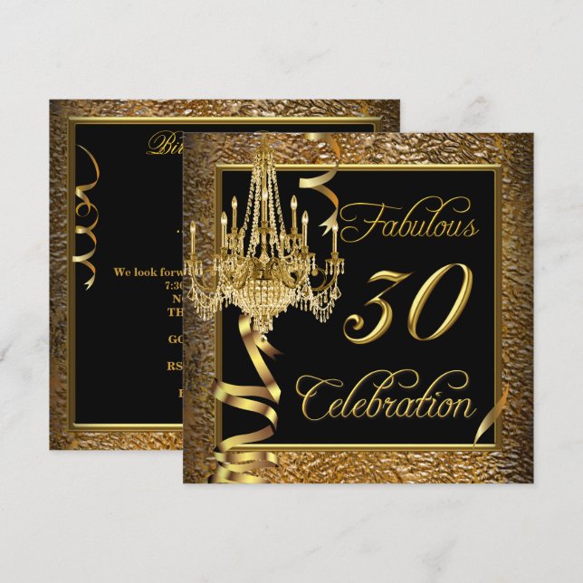 Fabulous 30 Celebration Guld Svart Taklampa Inbjudningar (Fram/baksida)