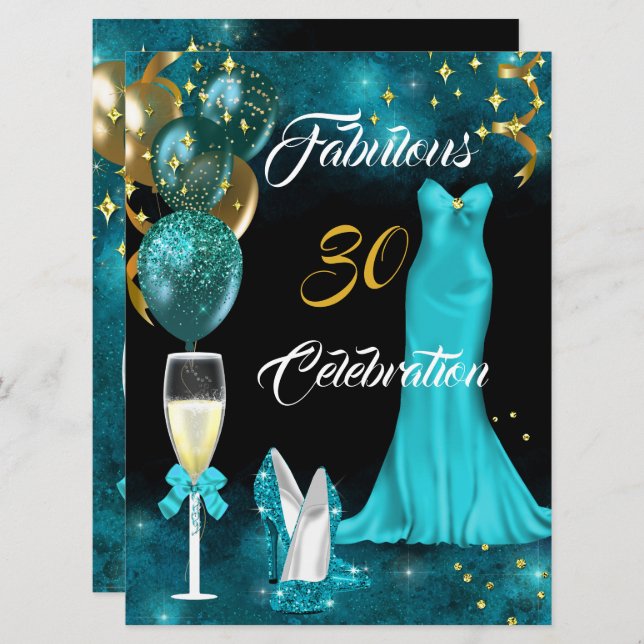 Fabulous 30 Champagne Party Teal Blue Heels Guld Inbjudningar (Fram/baksida)