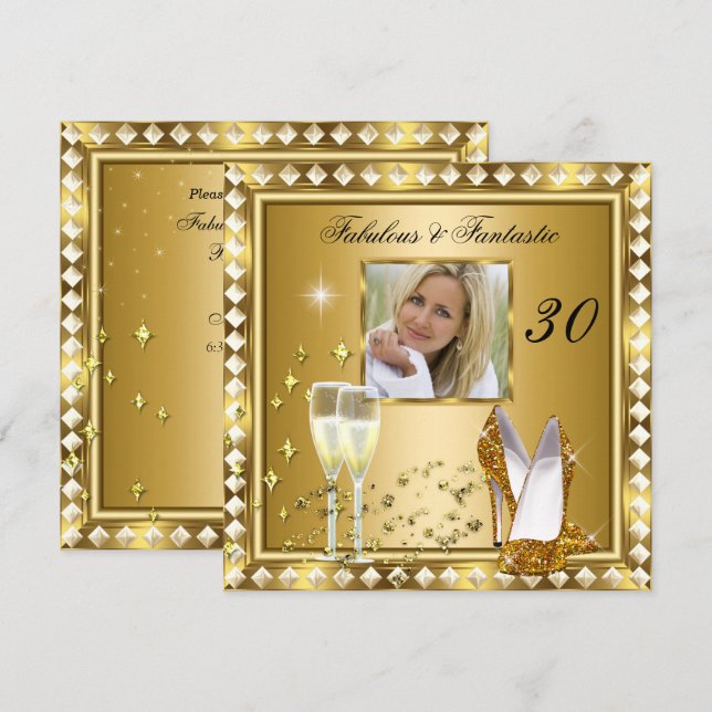 Fabulous 30 Photo Guld Glam Hollywood Birthday 5 Inbjudningar (Fram/baksida)