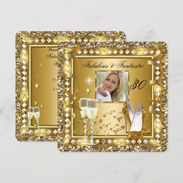 Fabulous 30 Photo Guld Glam Hollywood Birthday Inbjudningar (Fram/baksida)