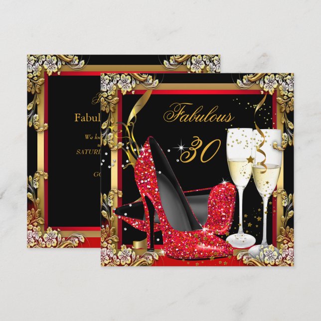Fabulous 30 Red Heels Guld Black Champagne Party Inbjudningar (Fram/baksida)
