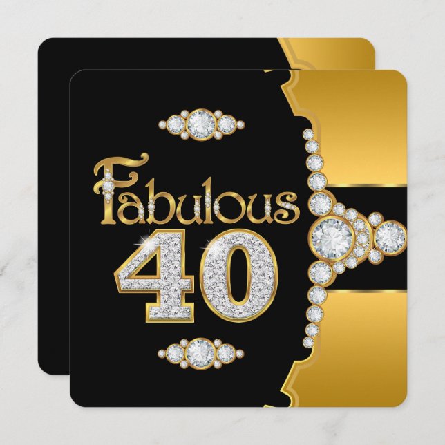 Fabulous 40 40 Birthday Guld Black Diamond Inbjudningar (Fram/baksida)