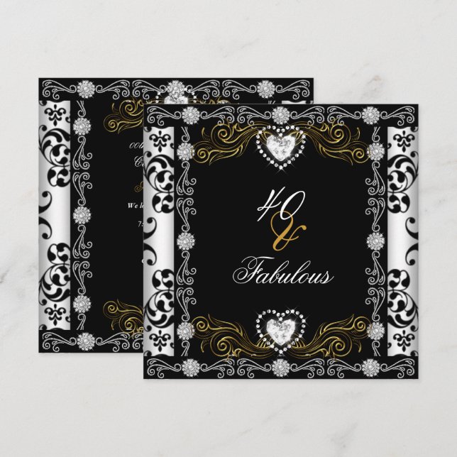 Fabulous 40 Damask Guld Black White Silver 40:e Inbjudningar (Fram/baksida)