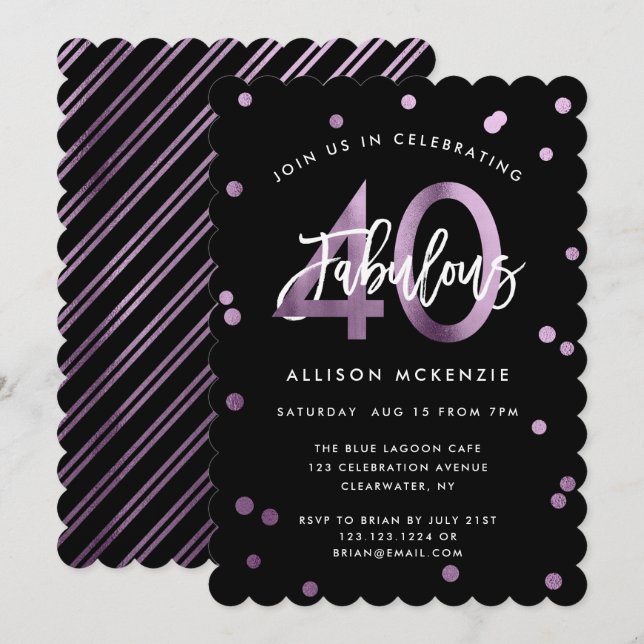 Fabulous 40 | Den moderna Snyggten Lilac Lila Birt Inbjudningar (Fram/baksida)