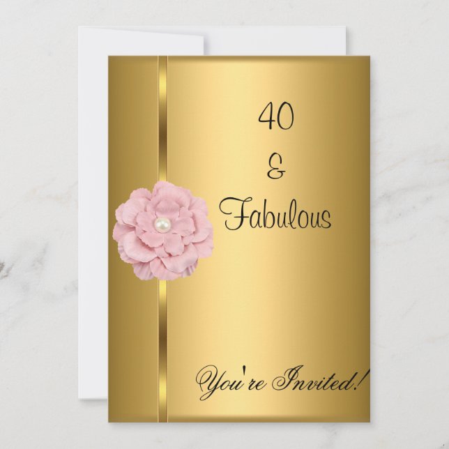 Fabulous 40:e födelsedagen Guld Pearl Rosa Flower Inbjudningar (Framsida)