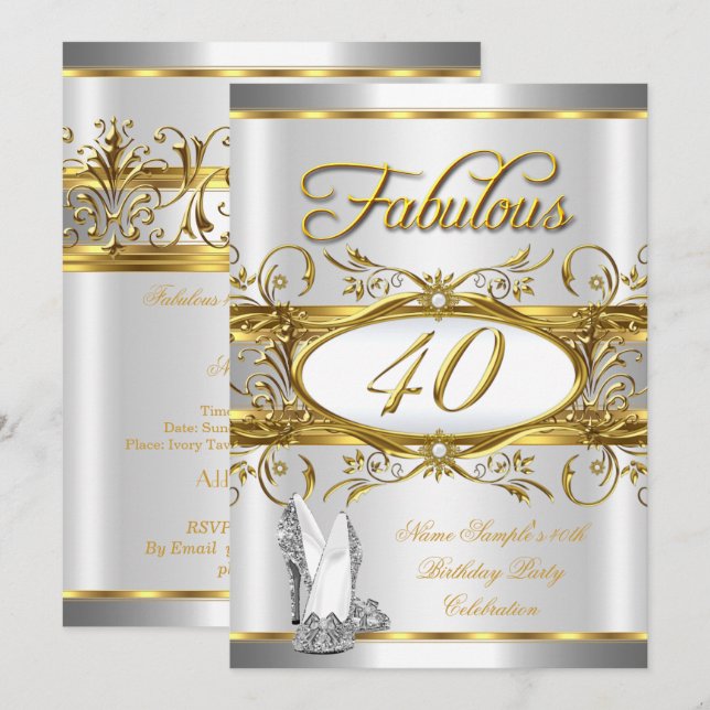 Fabulous 40:e födelsedagen Guld Silver Högklackar  Inbjudningar (Fram/baksida)