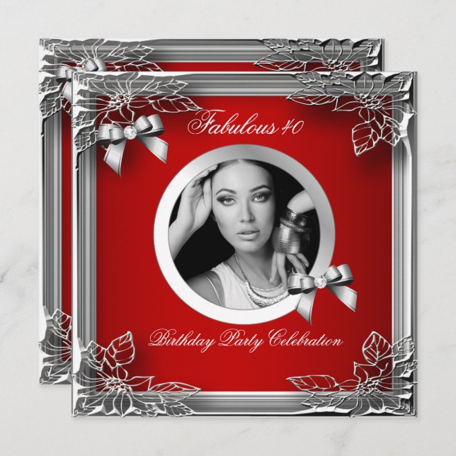 Fabulous 40 Elegants Red Diamond Silver Black Phot Inbjudningar (Fram/baksida)