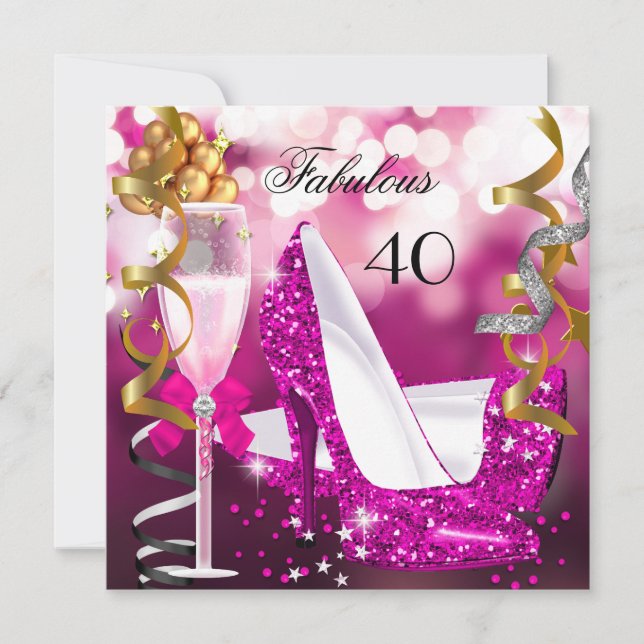 Fabulous 40 Guld Bubbles Glitter Party 3 Inbjudningar (Framsida)