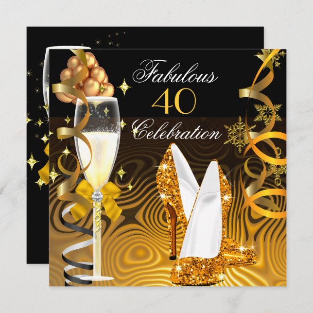 Fabulous 40 Guld Gult Glitter Födelsedagsfest Inbjudningar (Fram/baksida)