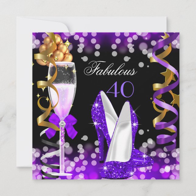 Fabulous 40 Lila Black Guld Bubbles Party Inbjudningar (Framsida)