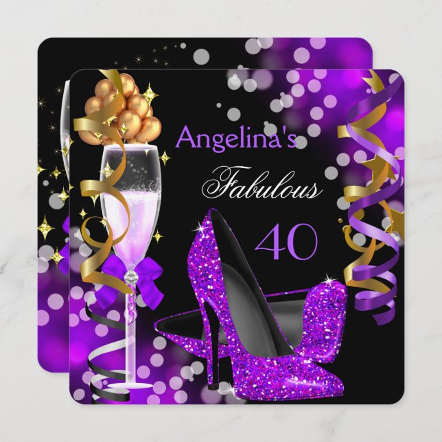 Fabulous 40 Lila Heels Guld Bubbles Birthday Inbjudningar (Fram/baksida)