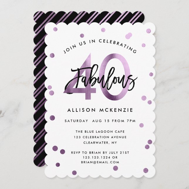 Fabulous 40 | Modern Lilac Lila Brushed Birthday Inbjudningar (Fram/baksida)
