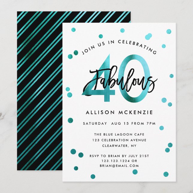 Fabulous 40 | Modern Script Girly Teal Birthday Inbjudningar (Fram/baksida)
