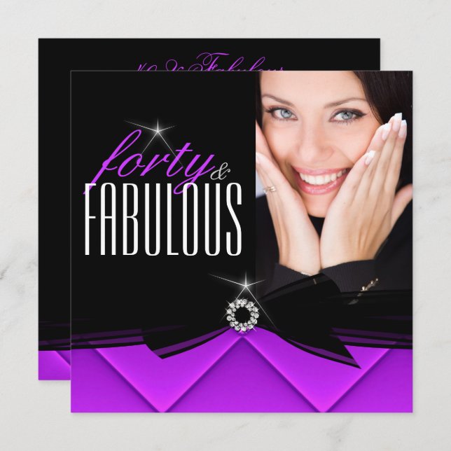 Fabulous 40 Photo Lila Black Födelsedagsfest Inbjudningar (Fram/baksida)