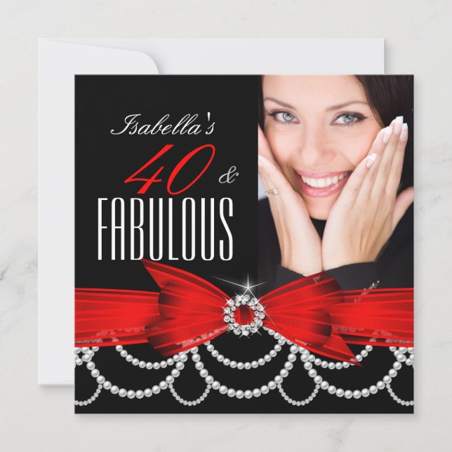 Fabulous 40 Red Black White Pearl Photo Birthday Inbjudningar (Framsida)