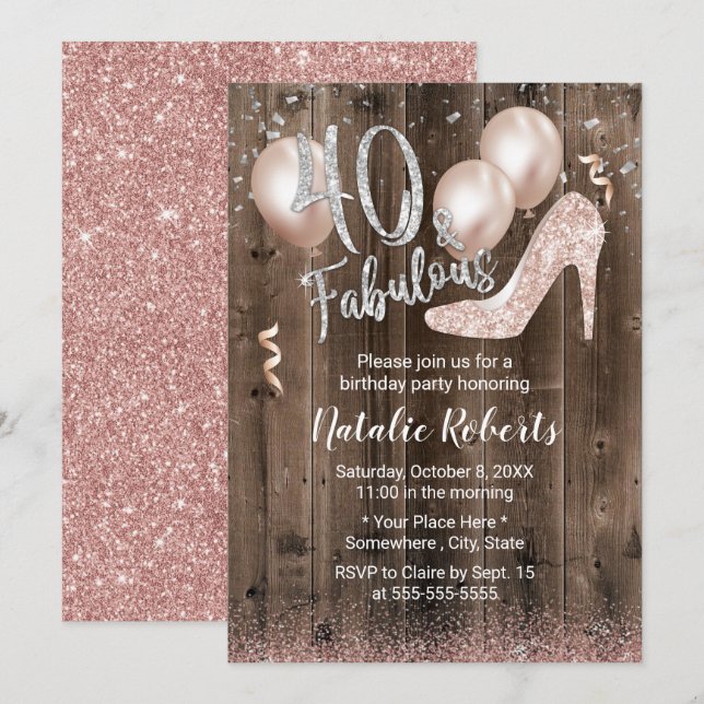 Fabulous 40 Ro High Heel Barn Wood Birthday Inbjudningar (Fram/baksida)