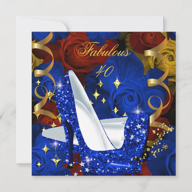 Fabulous 40 Royal Blue Guld Heels Blommigt Birthda Inbjudningar (Framsida)